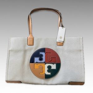 New ! Tory Burch Ella Tote Bag  Multi-COLOR Beige Large 17X13" canvas